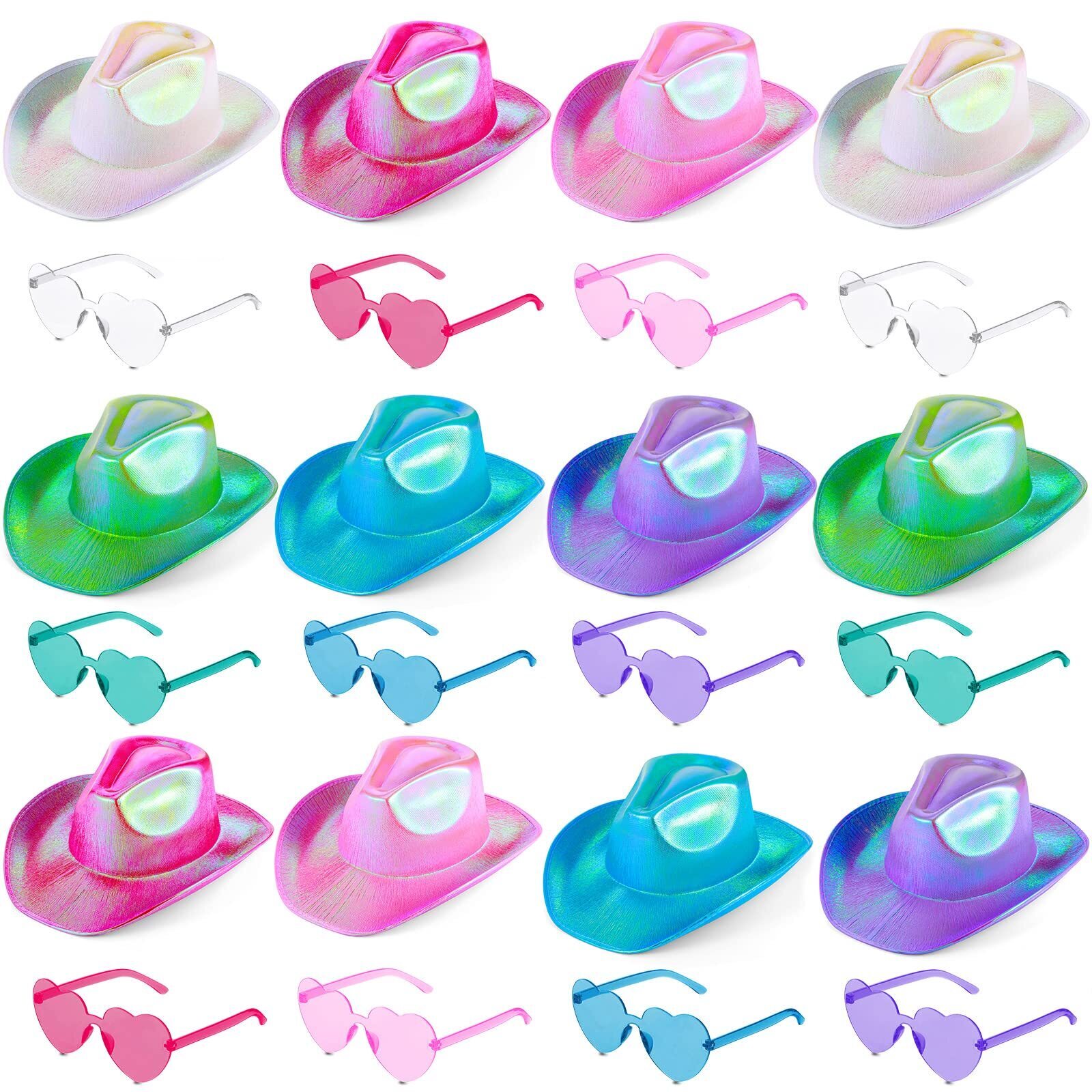 3953 24 Pcs Cowboy Hats Holographic Space Cowgirl Hat With Heart Sunglasses